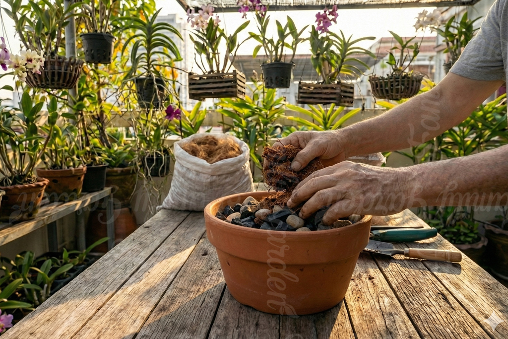 Lót đáy chậu bằng sỏi hoặc than và cho xơ dừa vào chậu trồng lan