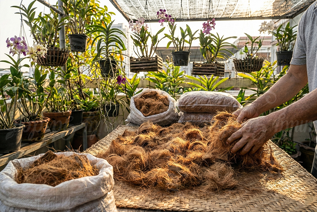 Phơi khô và bảo quản xơ dừa. 