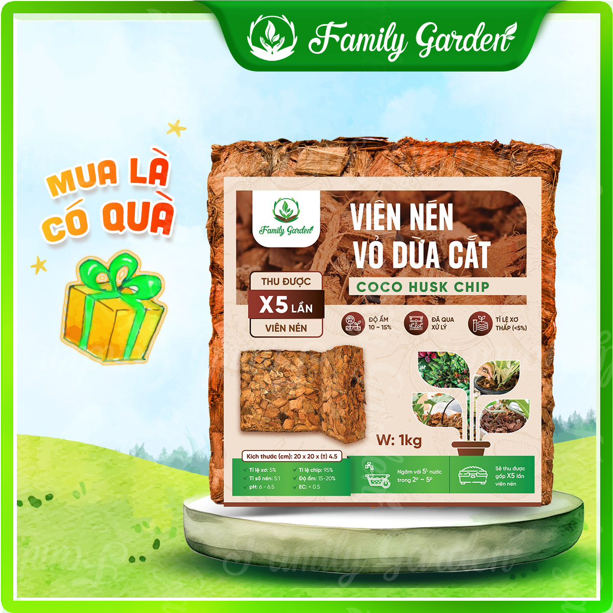 Viên nén vỏ dừa cắt, xơ dừa cục 1Kg đã xử lý chất gây hại Family Garden