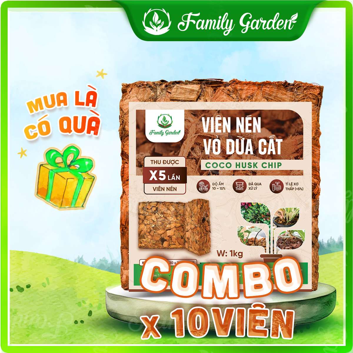 Viên nén vỏ dừa cắt, xơ dừa cục 1Kg đã xử lý chất gây hại Family Garden
