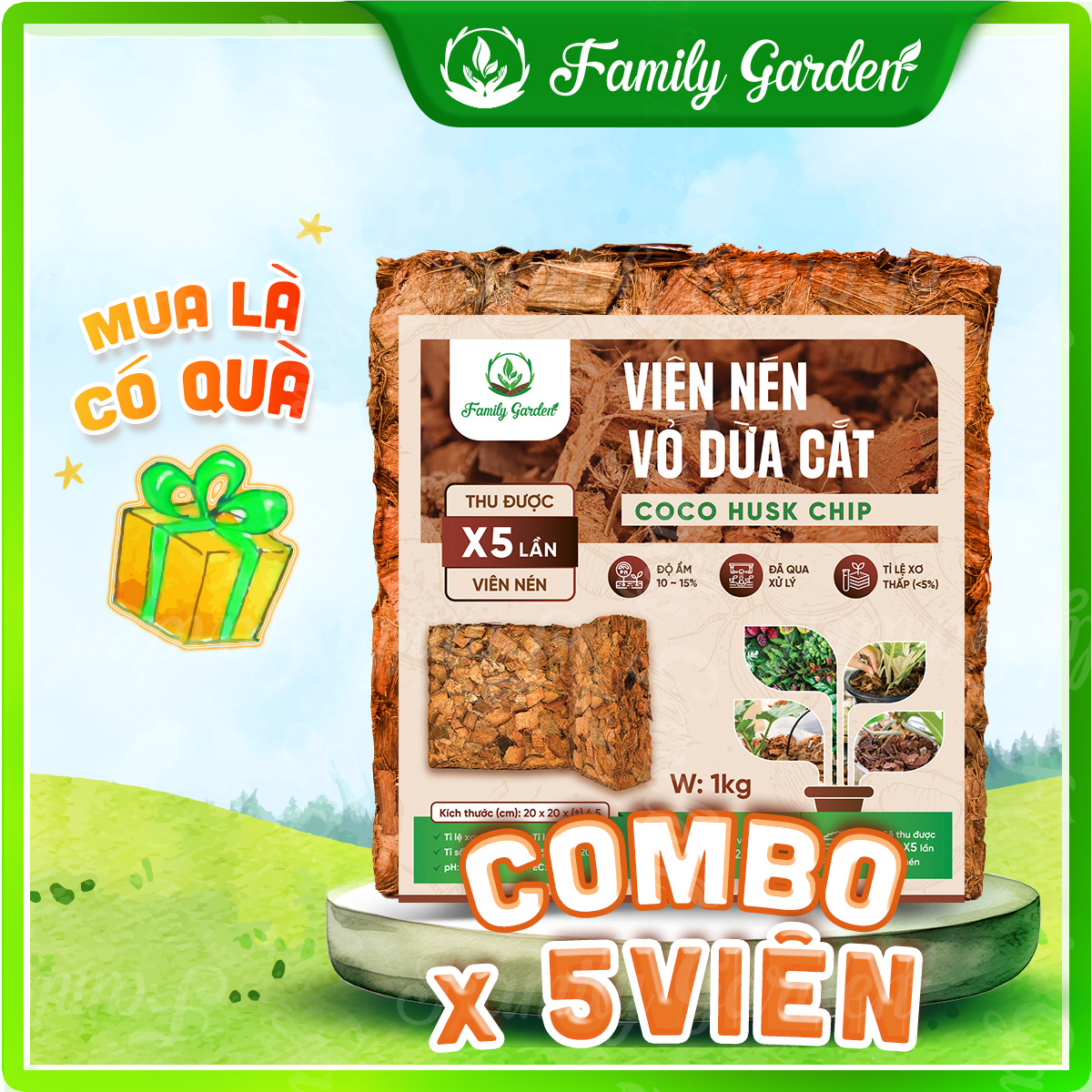 Viên nén vỏ dừa cắt, xơ dừa cục 1Kg đã xử lý chất gây hại Family Garden