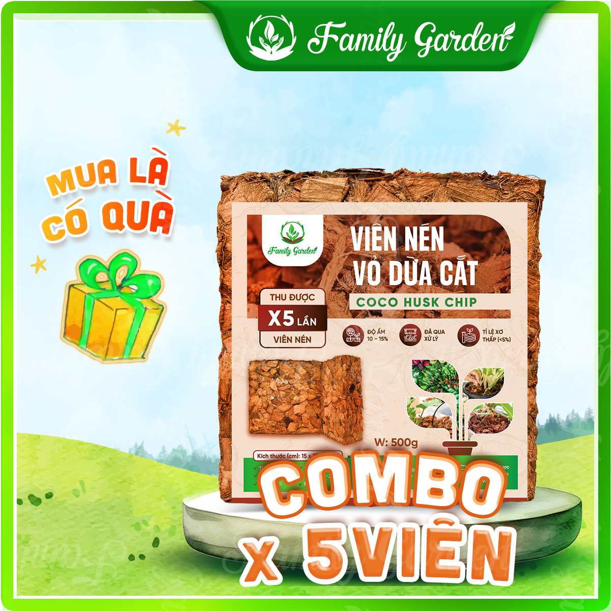 Viên nén vỏ dừa cắt 500gr Family Garden đã xử lý chất chát gây hại