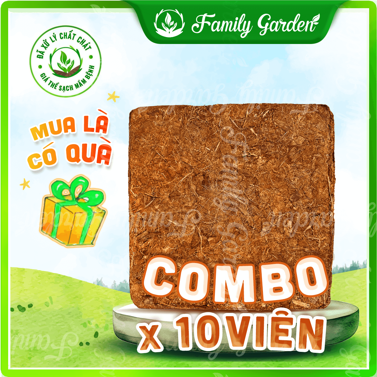 Combo 10 viên nén xơ chip mụn dừa 1Kg đã qua xử lý - Giá thể trồng cây | Độc quyền Family Garden