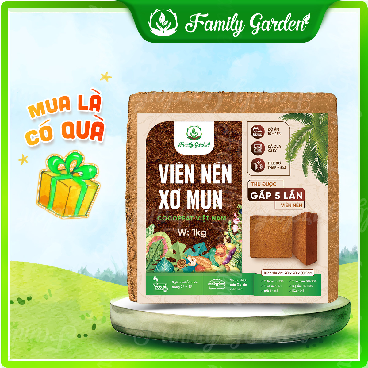 Viên nén xơ mụn dừa 1Kg đã qua xử lý - Giá thể trồng cây chất lượng cao | Độc quyền Family Garden