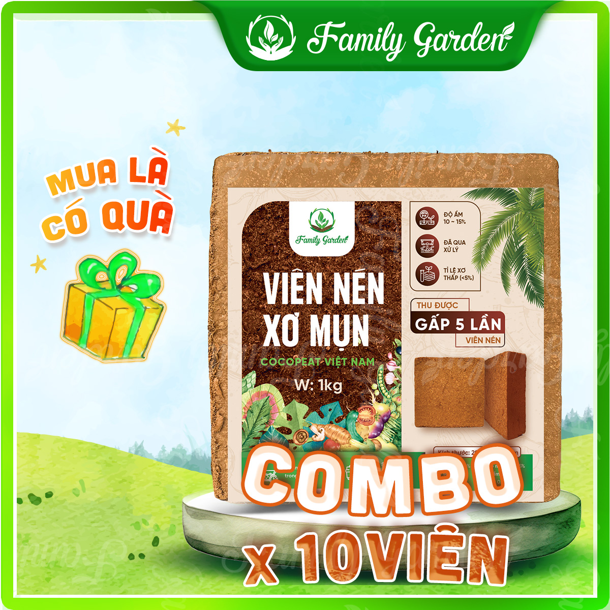 Combo 10 Viên nén xơ mụn dừa 1Kg đã qua xử lý - Giá thể trồng cây chất lượng cao | Độc quyền Family Garden