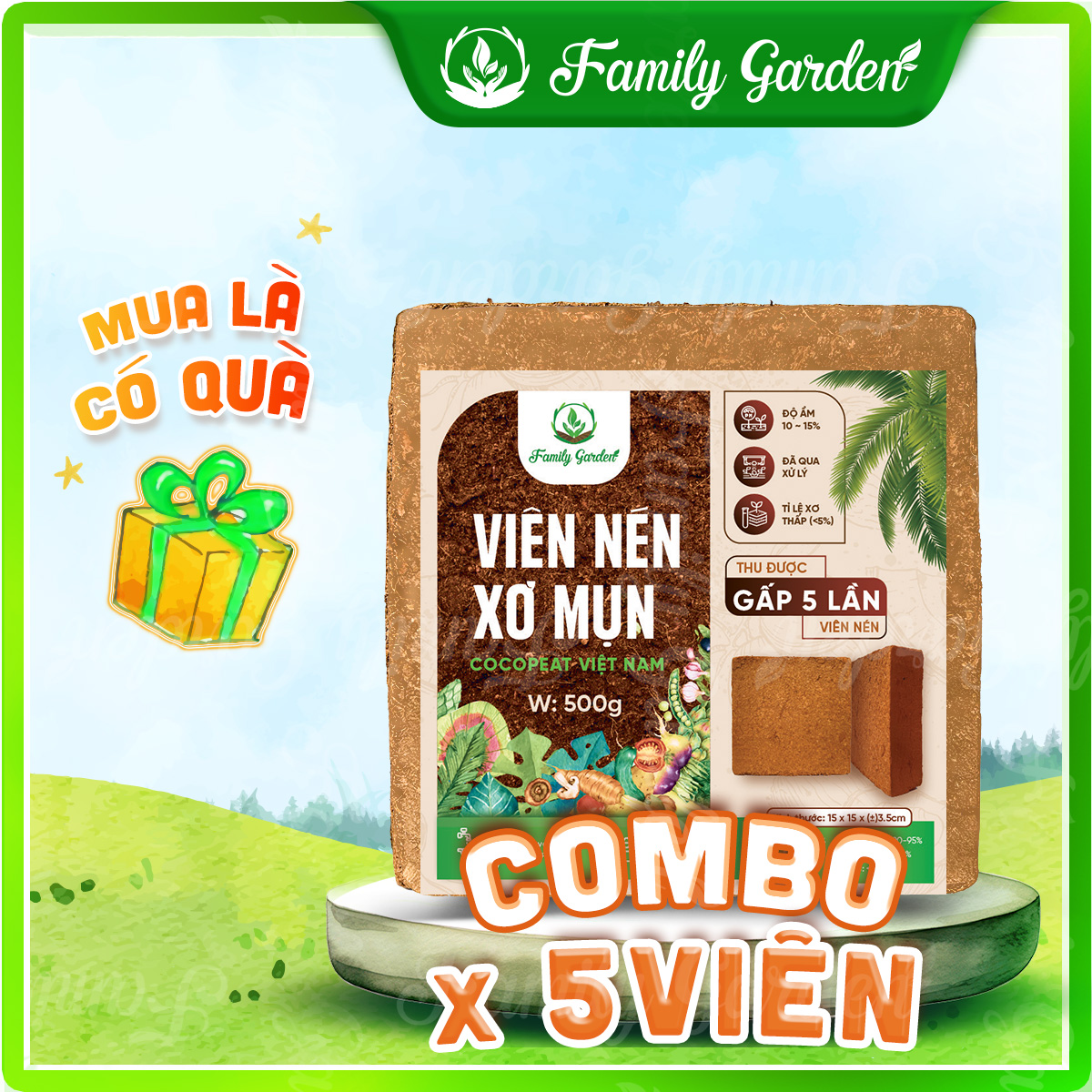 viên nén xơ mụn dừa 500gr Family Garden